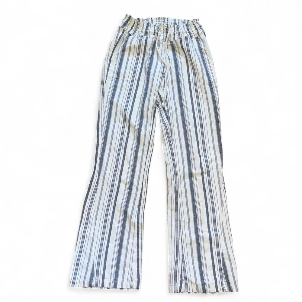 Roxy Women's White and Blue Striped Linen Blend Flare Pants SZ S